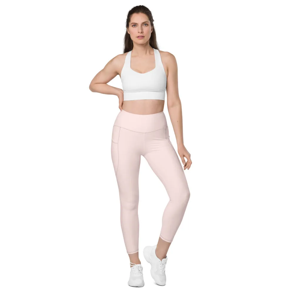 Pale Pink Best Women's Tights, Solid Color Best Yoga Pants With 2 Side Deep Long Pockets - Made in USA/EU/MX (US Size: 2XS-6XL)