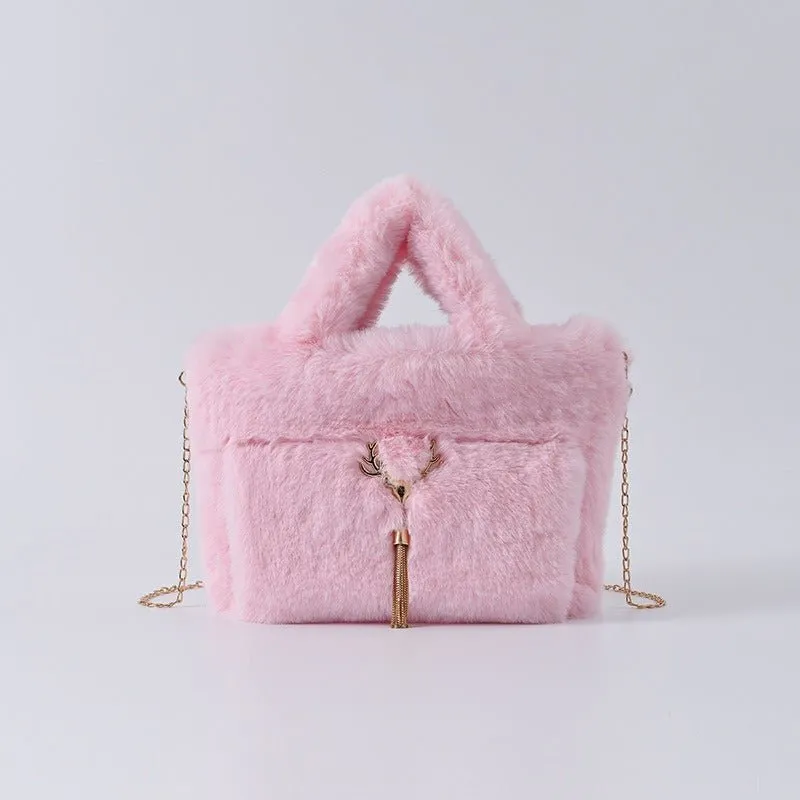 Pre Order:  Chain Strap Plush Faux Fur Handbag