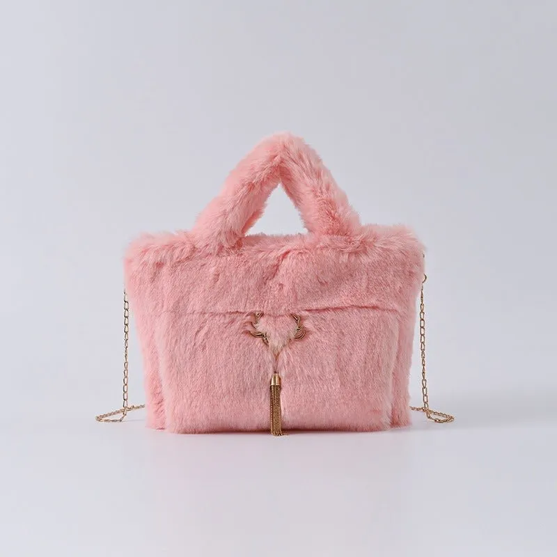 Pre Order:  Chain Strap Plush Faux Fur Handbag