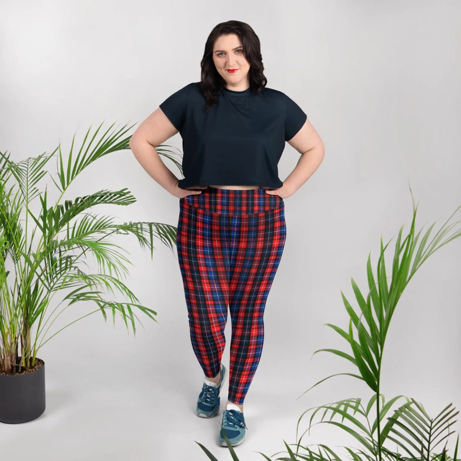 Red Plaid Print Yoga Tights, Women's Long Yoga Pants Plus Size Leggings -Made in USA/EU/MX
