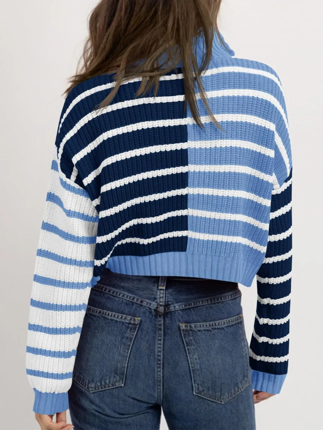 Saodimallsu Womens Striped Cropped Sweater Color Block Zip Up Long Sleeve Mock Neck Loose Pullover Jumpers