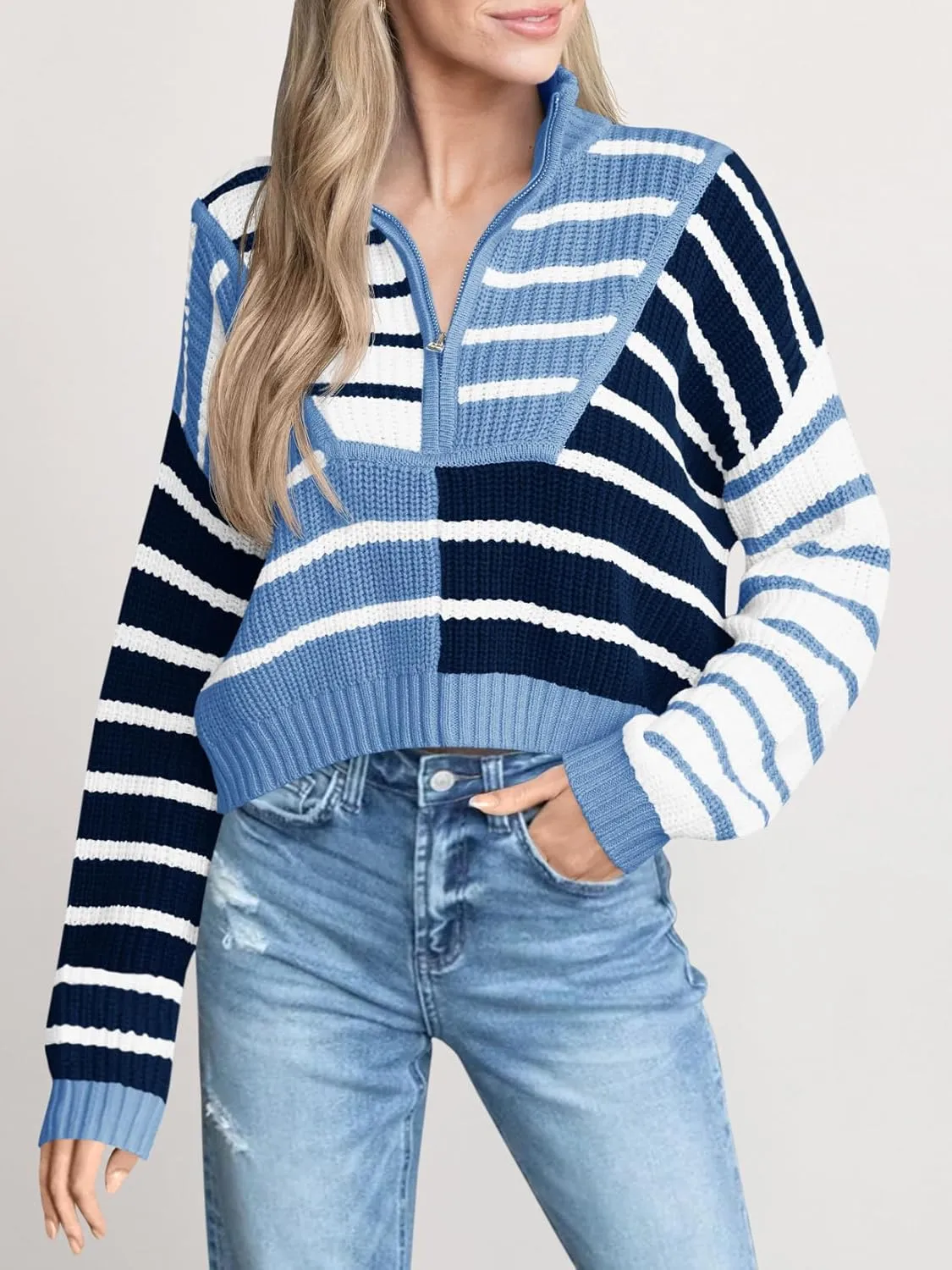 Saodimallsu Womens Striped Cropped Sweater Color Block Zip Up Long Sleeve Mock Neck Loose Pullover Jumpers