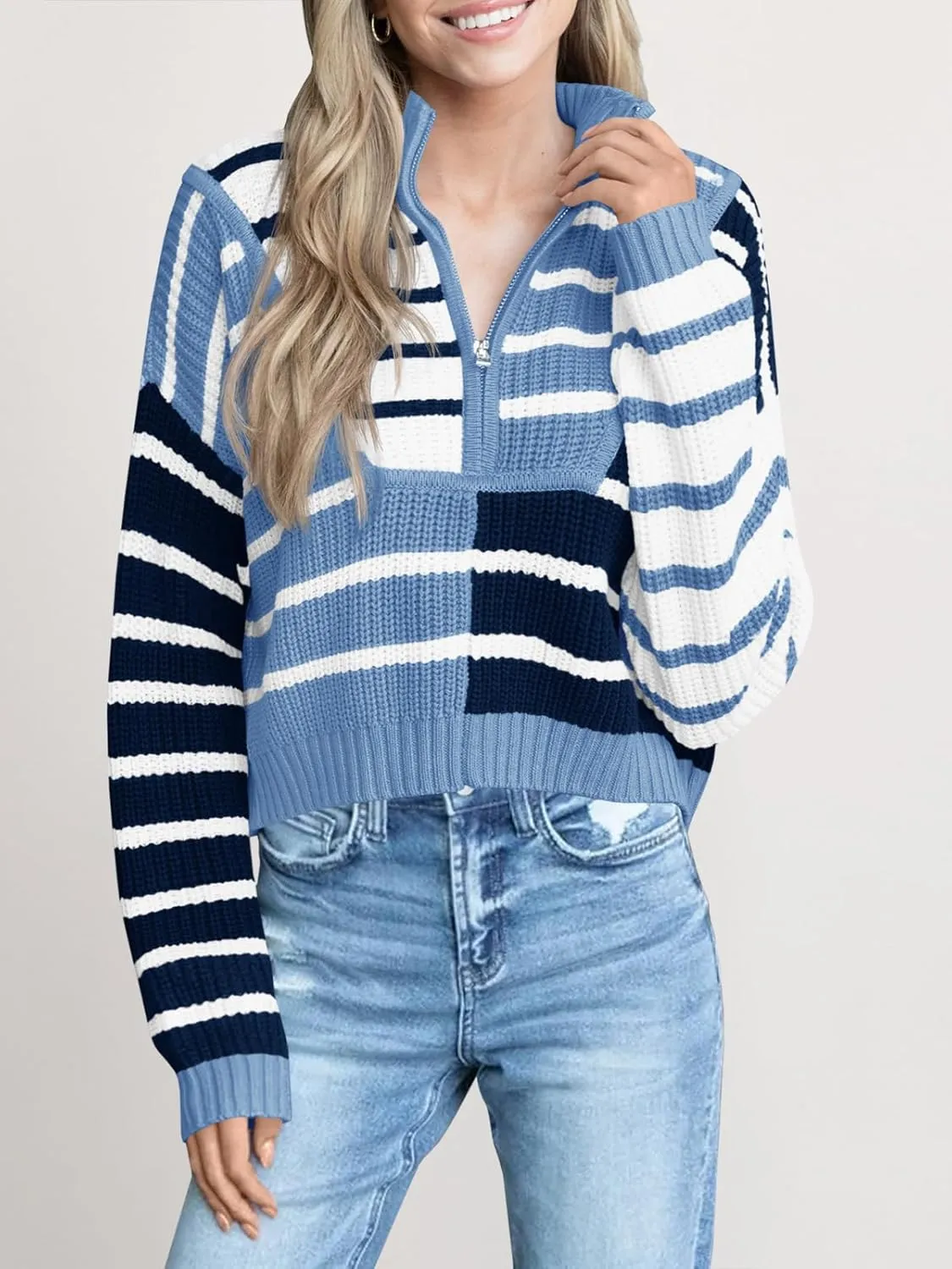 Saodimallsu Womens Striped Cropped Sweater Color Block Zip Up Long Sleeve Mock Neck Loose Pullover Jumpers