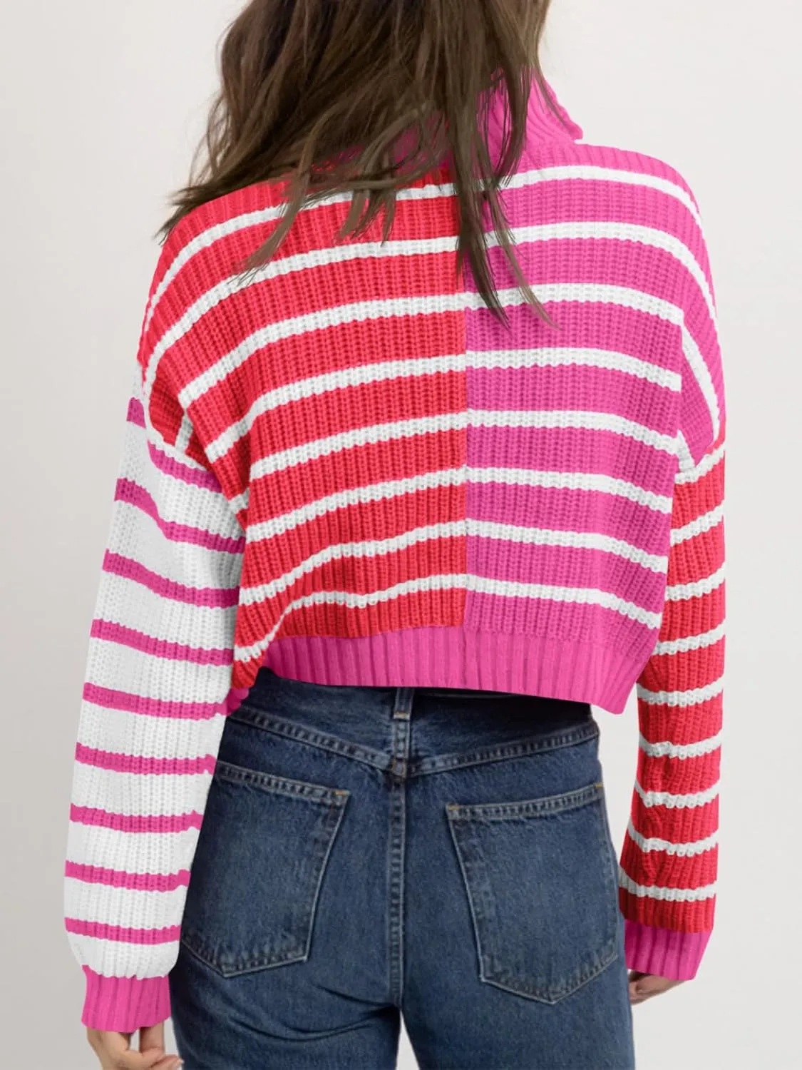 Saodimallsu Womens Striped Cropped Sweater Color Block Zip Up Long Sleeve Mock Neck Loose Pullover Jumpers