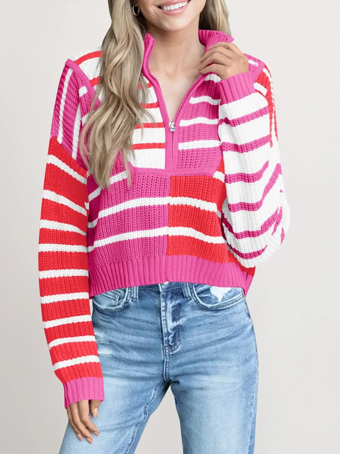 Saodimallsu Womens Striped Cropped Sweater Color Block Zip Up Long Sleeve Mock Neck Loose Pullover Jumpers