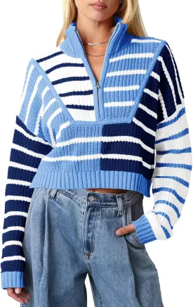 Saodimallsu Womens Striped Cropped Sweater Color Block Zip Up Long Sleeve Mock Neck Loose Pullover Jumpers