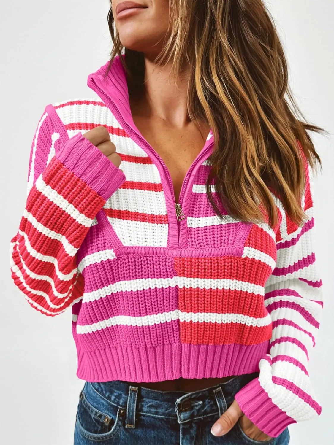 Saodimallsu Womens Striped Cropped Sweater Color Block Zip Up Long Sleeve Mock Neck Loose Pullover Jumpers