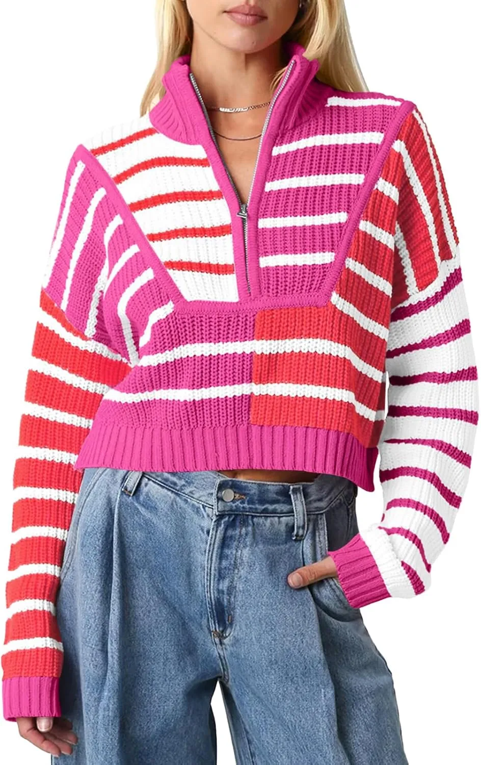 Saodimallsu Womens Striped Cropped Sweater Color Block Zip Up Long Sleeve Mock Neck Loose Pullover Jumpers