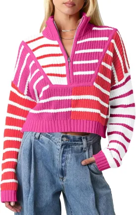 Saodimallsu Womens Striped Cropped Sweater Color Block Zip Up Long Sleeve Mock Neck Loose Pullover Jumpers