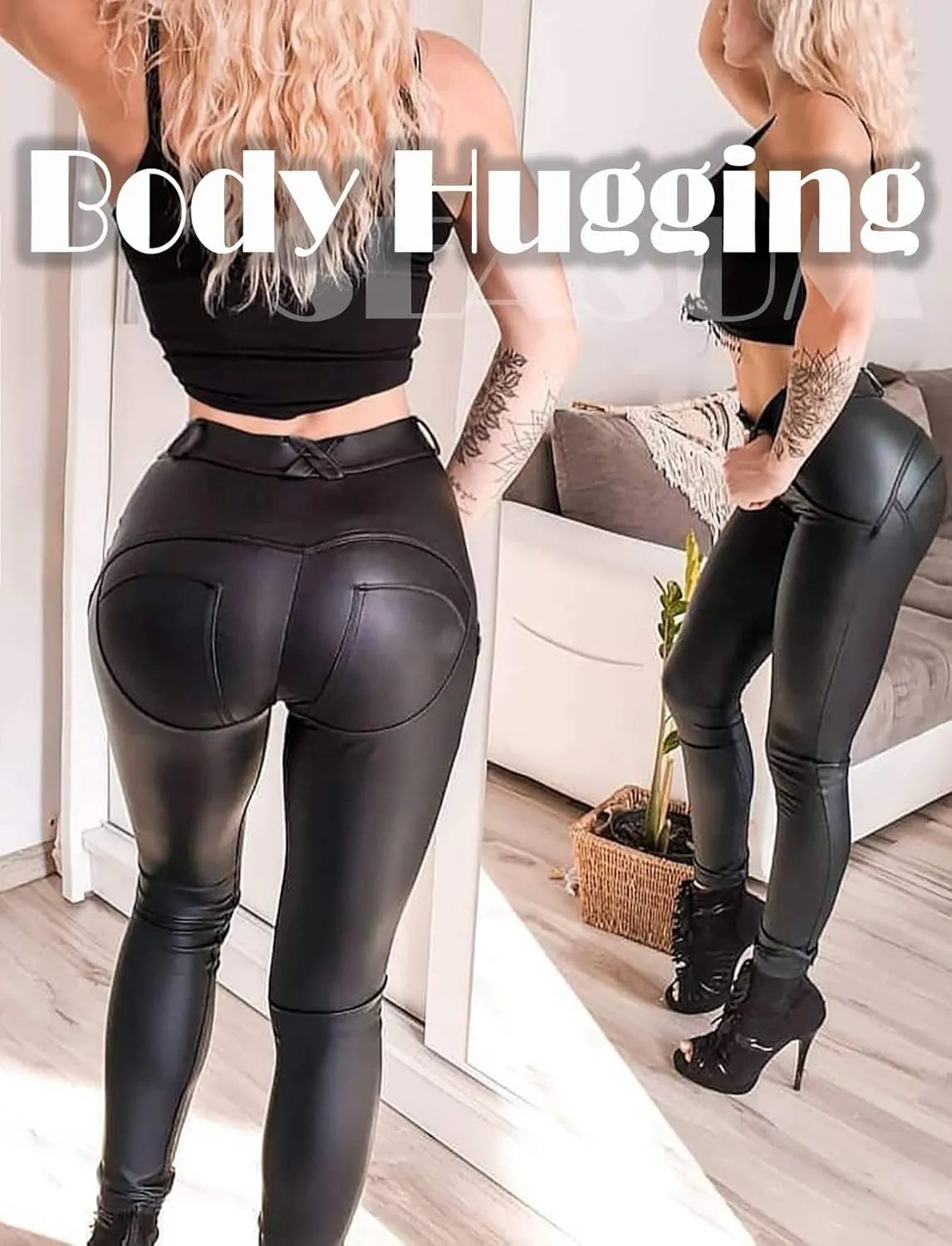 SEASUM Faux Leather Leggings for Women Stretchy High Waisted Butt Lifting Black Pleather Pants Outfit Sexy PU Leggings Tights