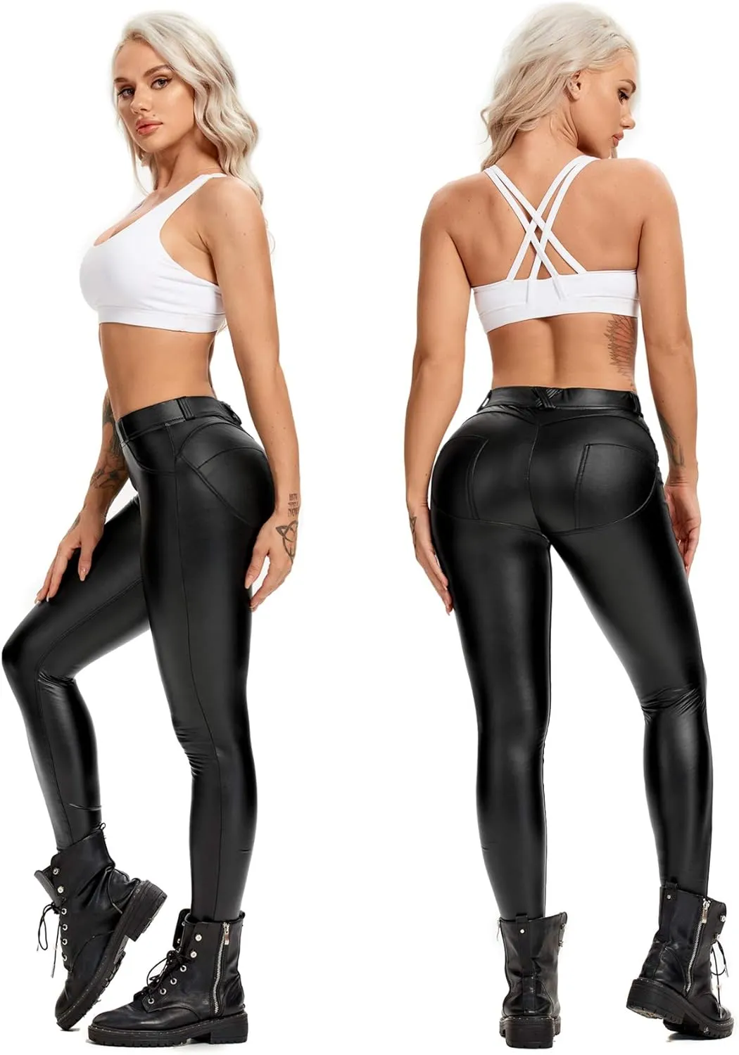 SEASUM Faux Leather Leggings for Women Stretchy High Waisted Butt Lifting Black Pleather Pants Outfit Sexy PU Leggings Tights