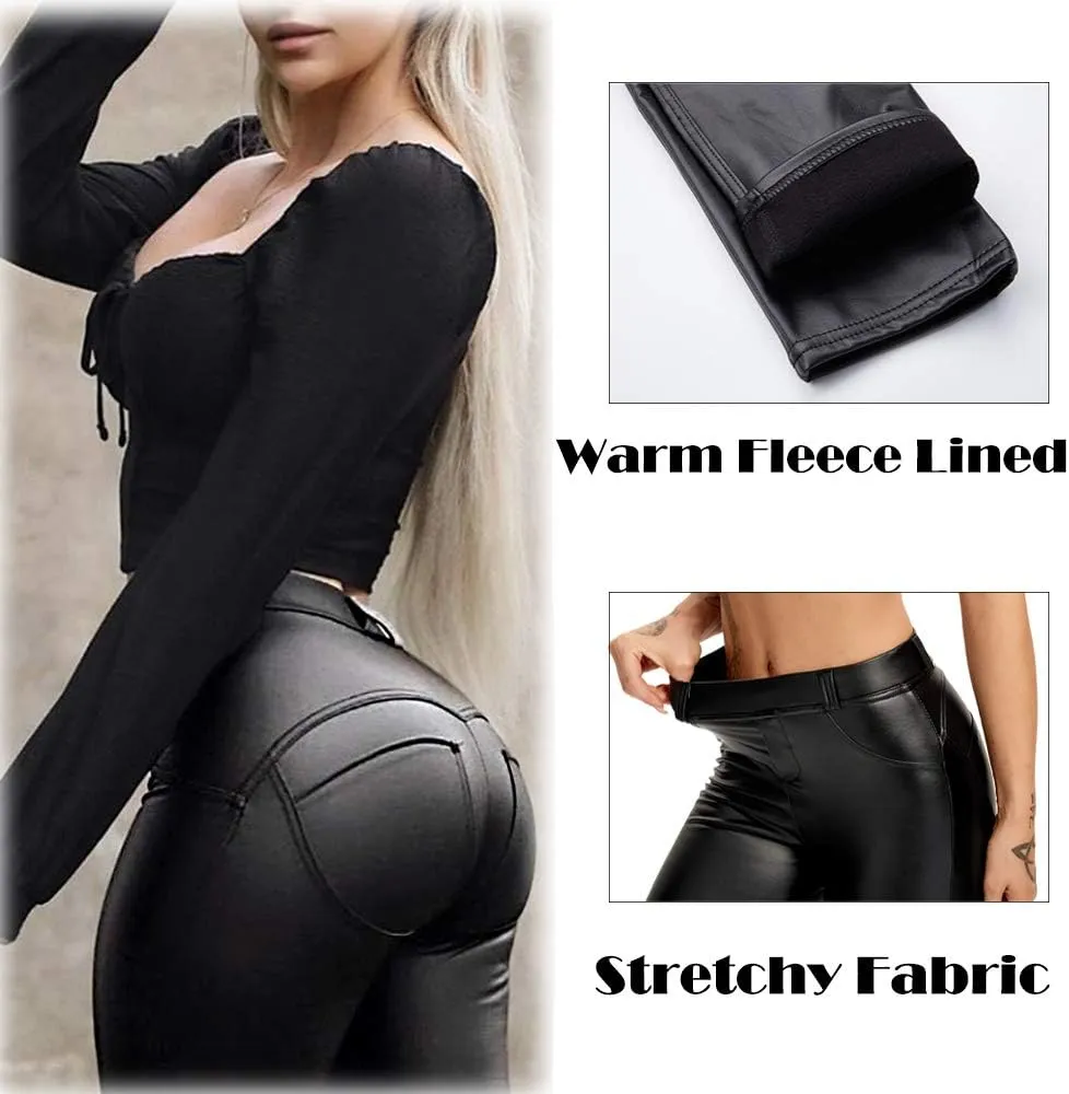 SEASUM Faux Leather Leggings for Women Stretchy High Waisted Butt Lifting Black Pleather Pants Outfit Sexy PU Leggings Tights