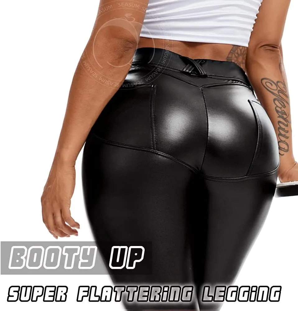 SEASUM Faux Leather Leggings for Women Stretchy High Waisted Butt Lifting Black Pleather Pants Outfit Sexy PU Leggings Tights