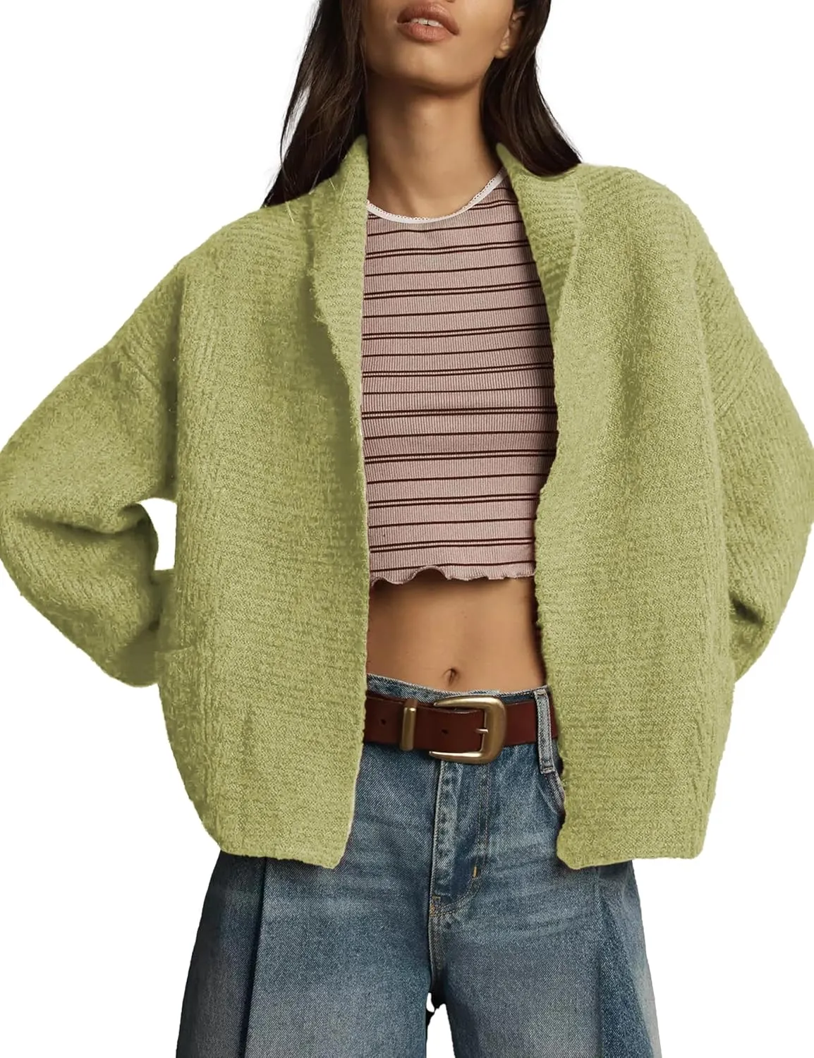 Shawl Collar Cardigan for Women Cropped Open Front Sweater Loose Casual Knitwear Chunky Knit Jacket with Pockets