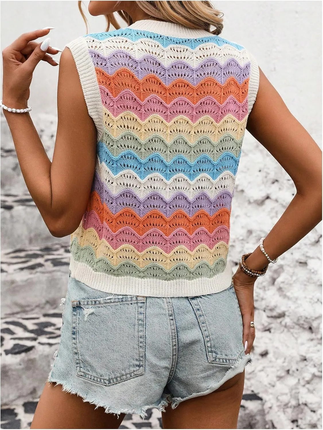SOLY HUX Women's Color Block Hollow Out Sweater Vest Sleeveless Crewneck Summer Knit Tank Tops