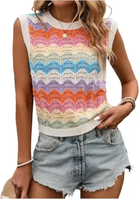 SOLY HUX Women's Color Block Hollow Out Sweater Vest Sleeveless Crewneck Summer Knit Tank Tops