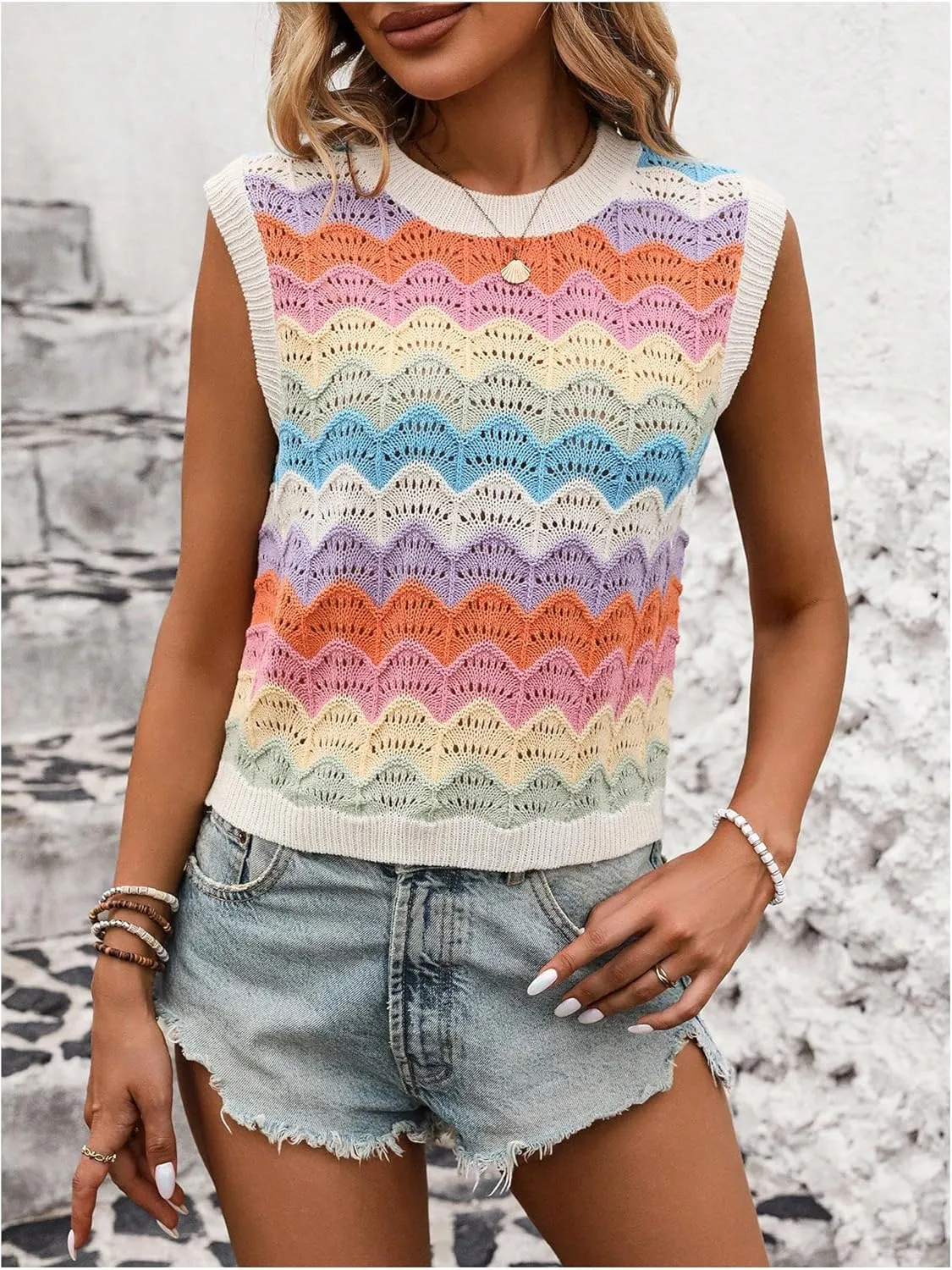 SOLY HUX Women's Color Block Hollow Out Sweater Vest Sleeveless Crewneck Summer Knit Tank Tops