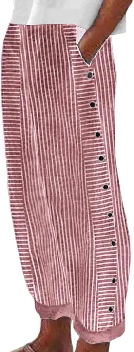 Striped Pants for Women Side Button Baggy Elastic Waist Straight Leg Trousers Beach Casual Pants with Pockets