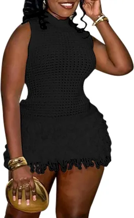Tcremisa Women's Crochet Fringe Mini Dress Slim Fit Sleeveless Hollow Out Bodycon Short Knit Pullover Dresses