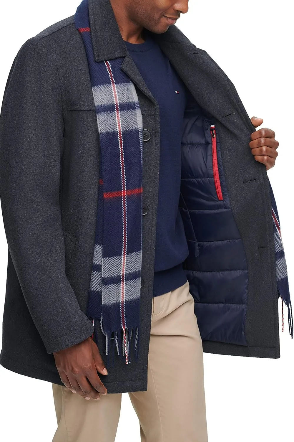 Tommy Hilfiger Men's Size Tall Wool Melton Walking Coat With Detachable Scarf