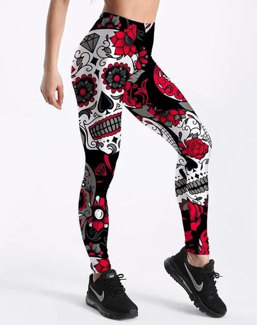 VenusFox Digital Print Skull&flower Black Leggings