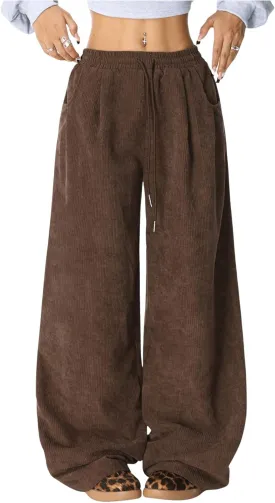 Verdusa Women's Corduroy Pants Drawstring Waist Loose Fit Wide Leg Palazzo Pants with Pockets
