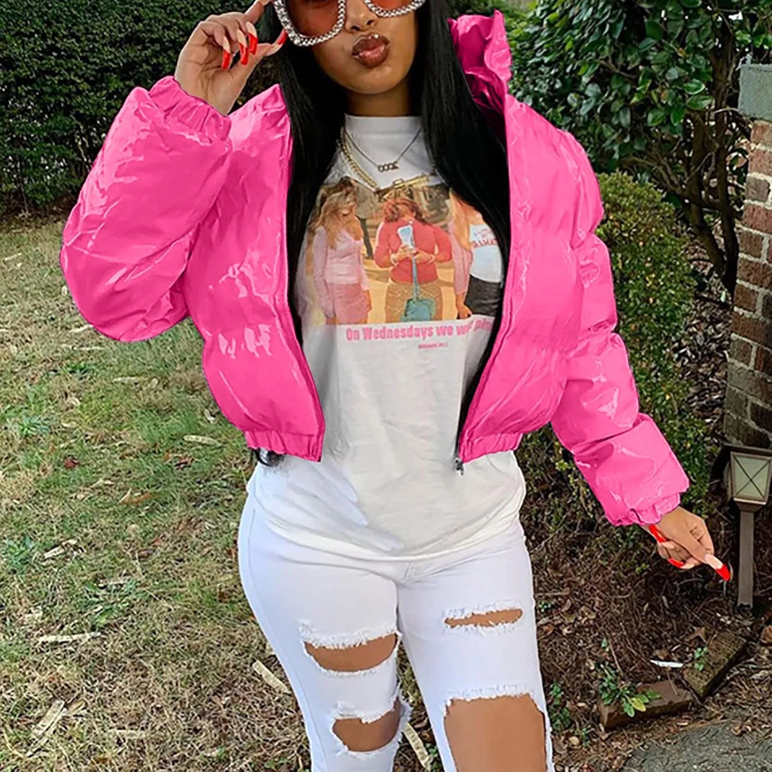 Women Cropped Puffer Jacket Winter Shiny Coat Parka Fashion Zip Up Short Bubble Padded Down Coats Fashion Y2k Outerwear