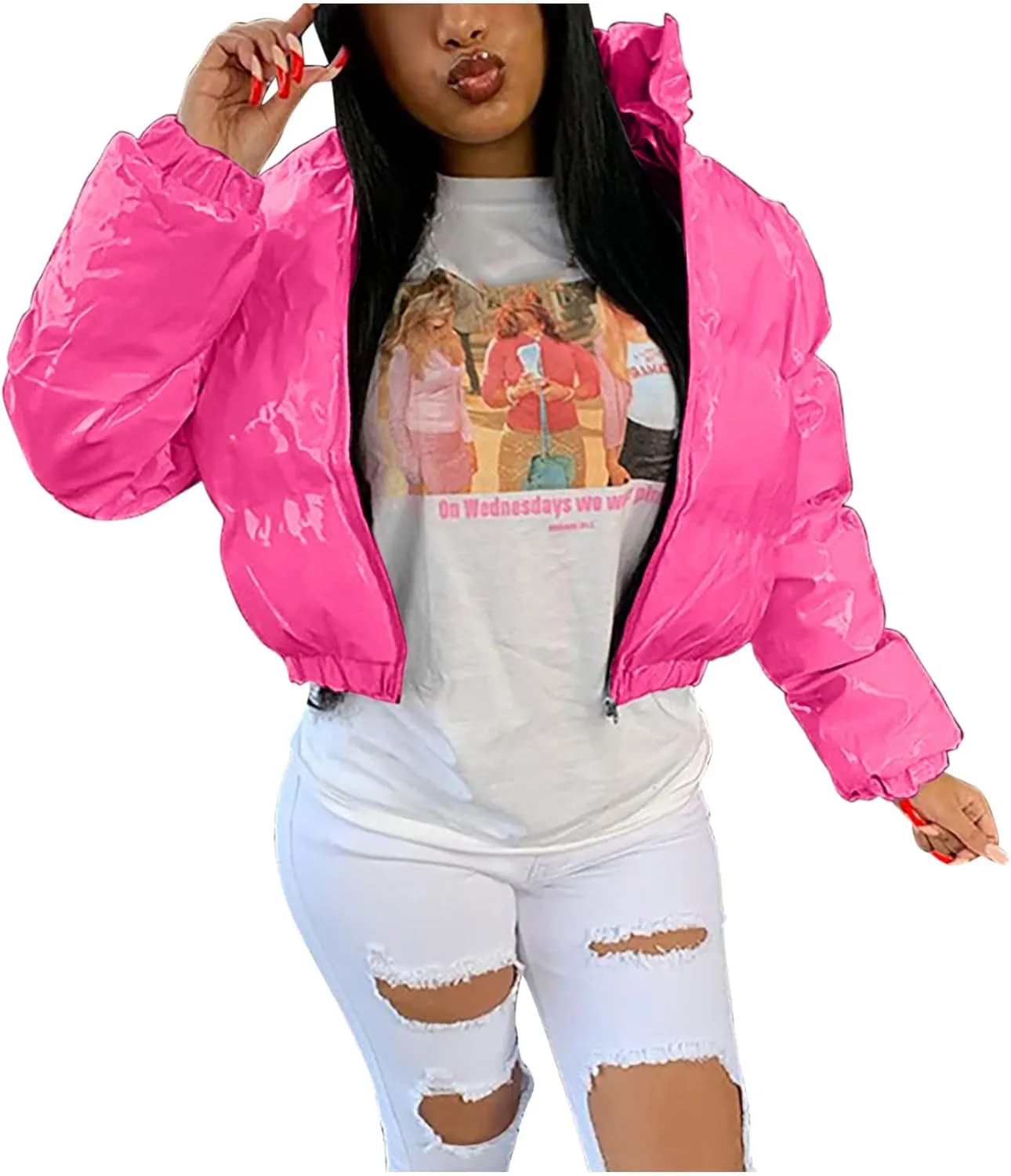 Women Cropped Puffer Jacket Winter Shiny Coat Parka Fashion Zip Up Short Bubble Padded Down Coats Fashion Y2k Outerwear
