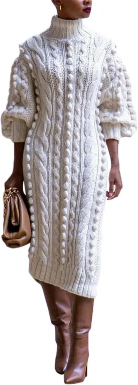 Women's Cable Knit Sweater Midi Dress Puff Long Sleeve Turtleneck Casual Textured Cable Knit Side Slit Pullover Dresses