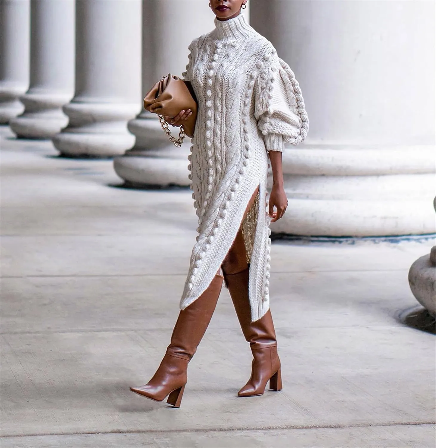 Women's Cable Knit Sweater Midi Dress Puff Long Sleeve Turtleneck Casual Textured Cable Knit Side Slit Pullover Dresses
