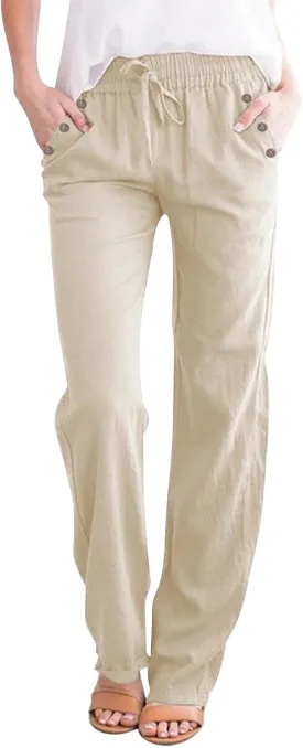Womens Casual Linen High Waist Pants Drawstring Loose Fit Summer Pants Trousers with Side Pockets