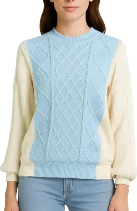 Women's Color Block Cable Knit Sweater  Crewneck Long Sleeve Pullover, Soft Textured Knitwear for Fall and Winter