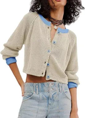 Women's Color Block Cropped Cardigan Sweater Fall Long Sleeve Open Front Button Down Knitwear Crewneck Knit Outwear