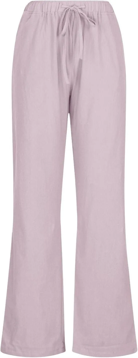 Women's Cotton Linen Pants Summer Casual Wide Leg Pant Loose Drawstring High Waist Palazzo Trousers with Pockets