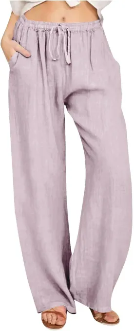 Women's Cotton Linen Pants Summer Casual Wide Leg Pant Loose Drawstring High Waist Palazzo Trousers with Pockets