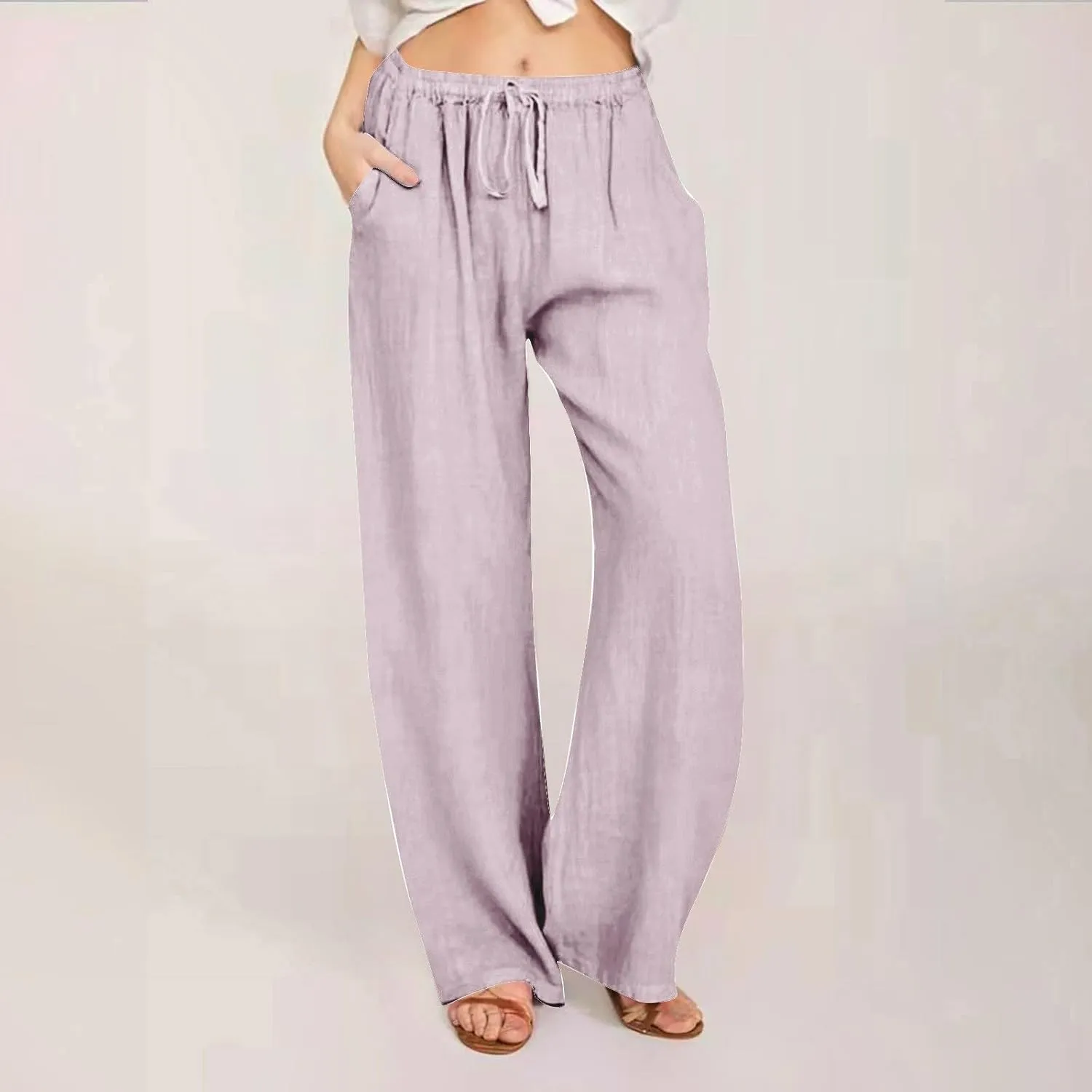 Women's Cotton Linen Pants Summer Casual Wide Leg Pant Loose Drawstring High Waist Palazzo Trousers with Pockets