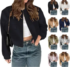 Womens Cropped Bomber Jacket Lightweight Long Sleeve Varsity Jacket Shacket Casual Stand Collar Coat With Pockets