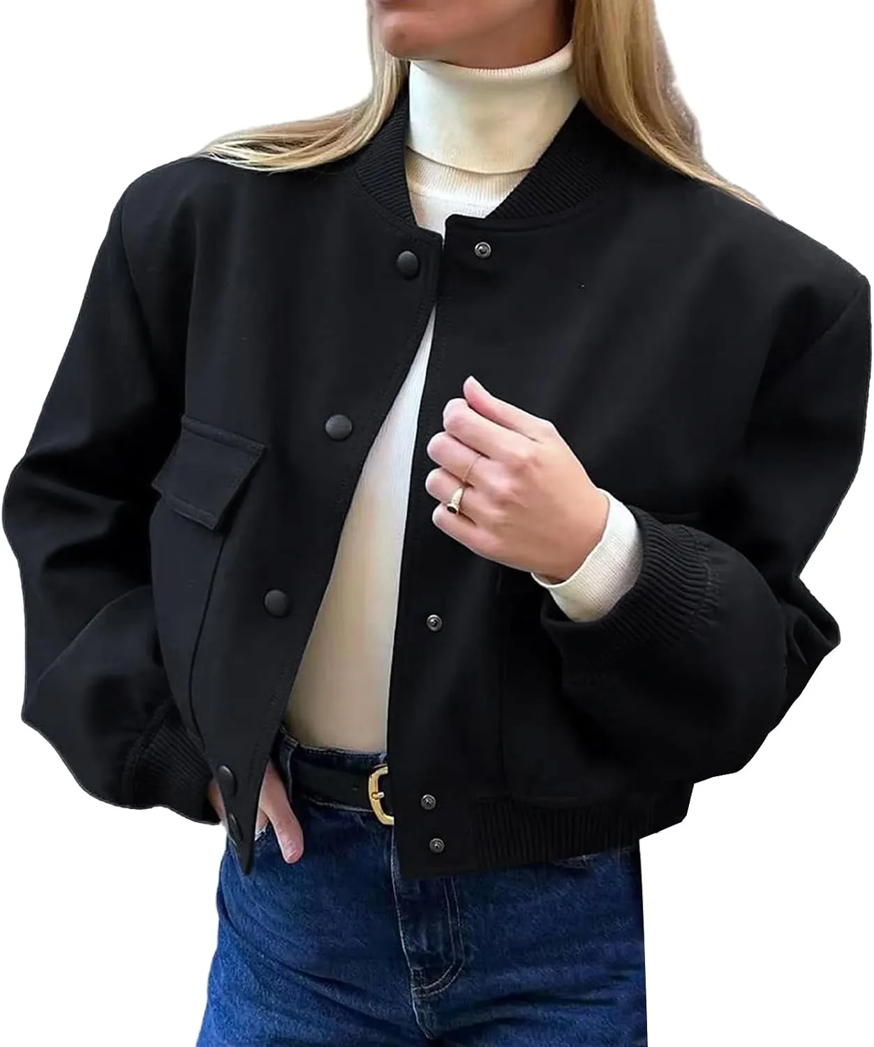 Womens Cropped Bomber Jacket Lightweight Long Sleeve Varsity Jacket Shacket Casual Stand Collar Coat With Pockets