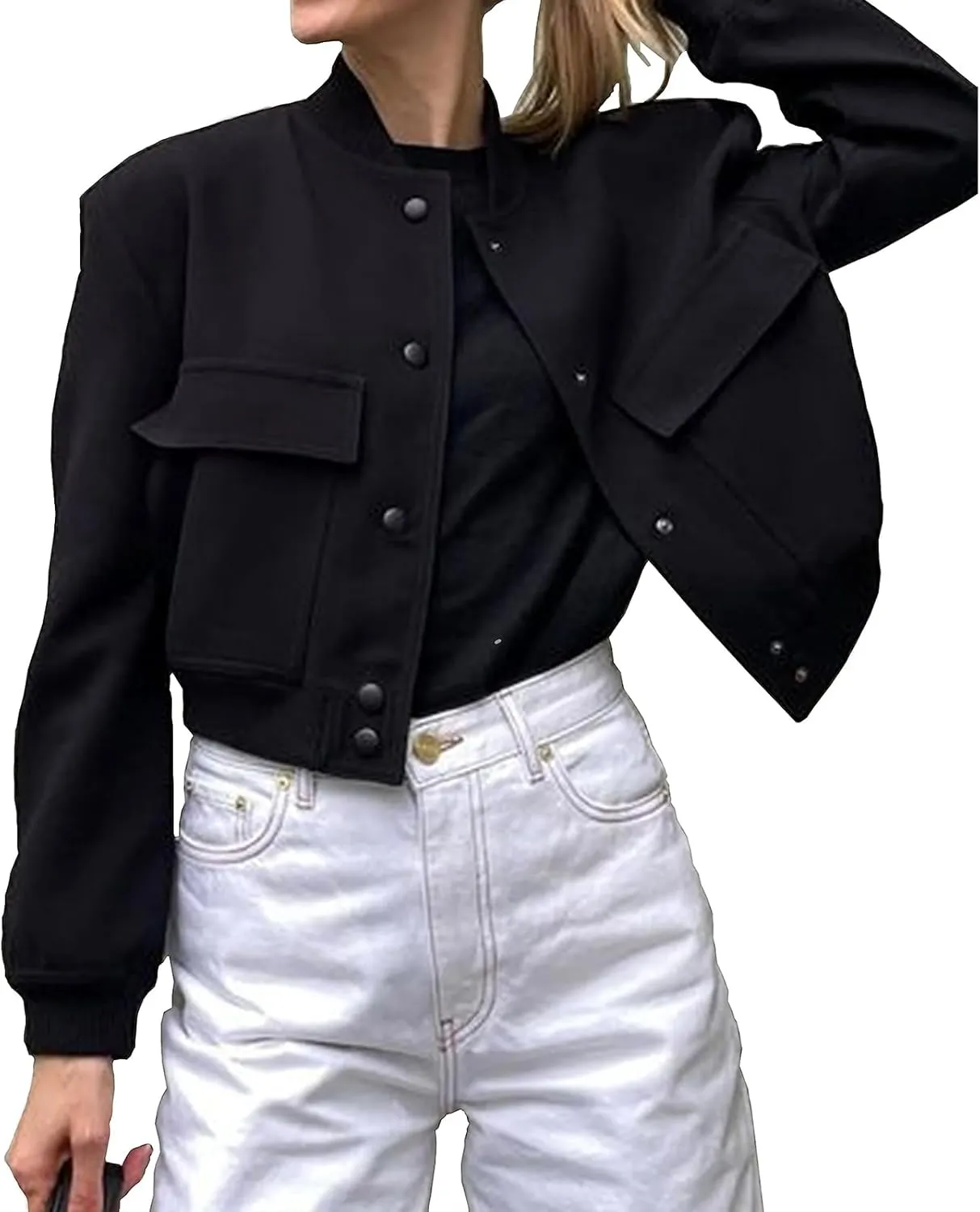 Womens Cropped Bomber Jacket Lightweight Long Sleeve Varsity Jacket Shacket Casual Stand Collar Coat With Pockets