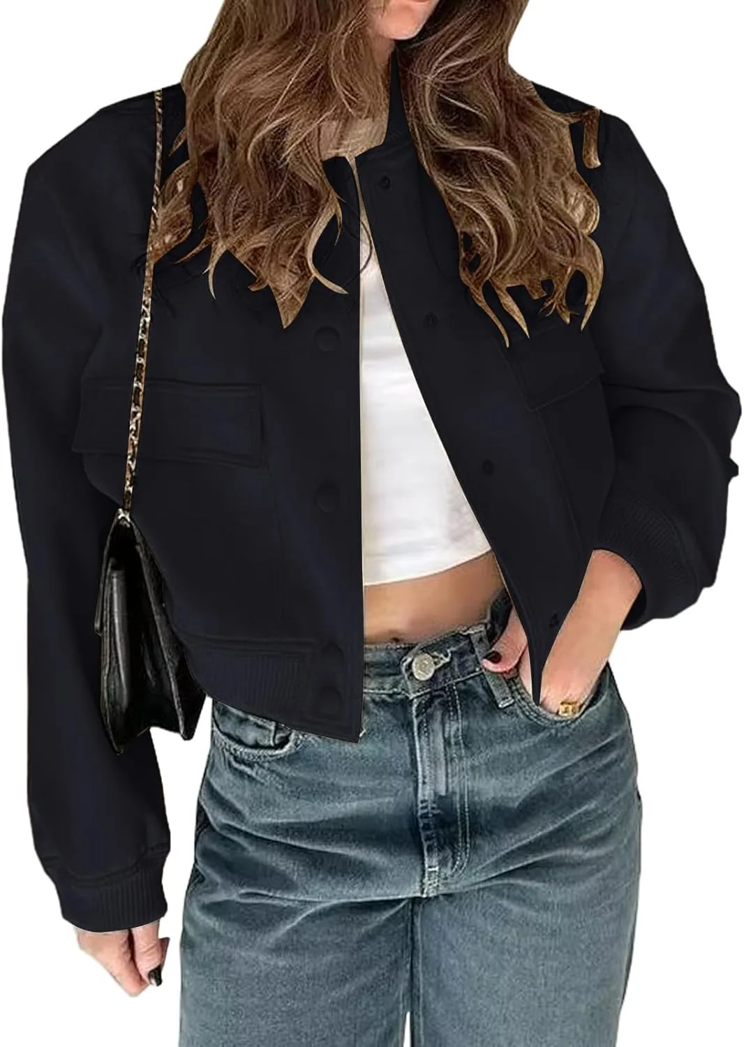 Womens Cropped Bomber Jacket Lightweight Long Sleeve Varsity Jacket Shacket Casual Stand Collar Coat With Pockets