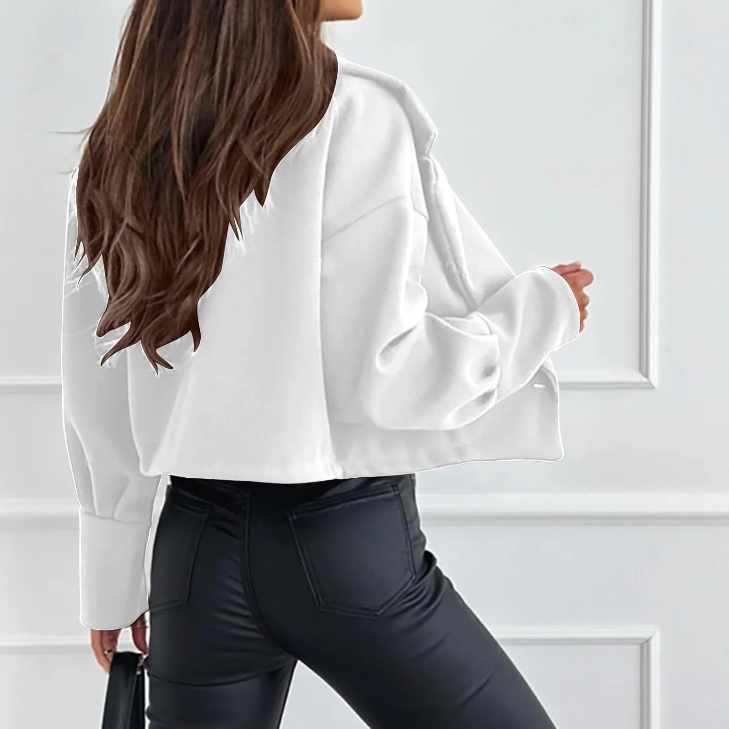 Womens Cropped Coat Wool Blend Long Sleeve Lapel Collar Solid Pea Coat Baggy Comfy Business Office Work Outerwear