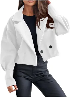 Womens Cropped Coat Wool Blend Long Sleeve Lapel Collar Solid Pea Coat Baggy Comfy Business Office Work Outerwear