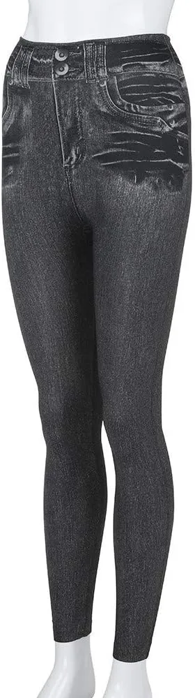 Women's Denim Print Leggings Seamless Stretchy Fake Jeans High Waist Tummy Control Jean Look Leggings Jeggings