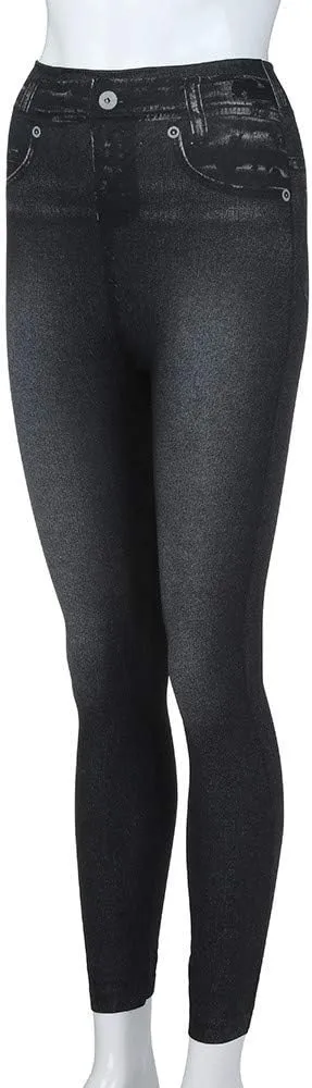 Women's Denim Print Leggings Seamless Stretchy Fake Jeans High Waist Tummy Control Jean Look Leggings Jeggings