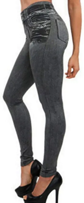 Women's Denim Print Leggings Seamless Stretchy Fake Jeans High Waist Tummy Control Jean Look Leggings Jeggings
