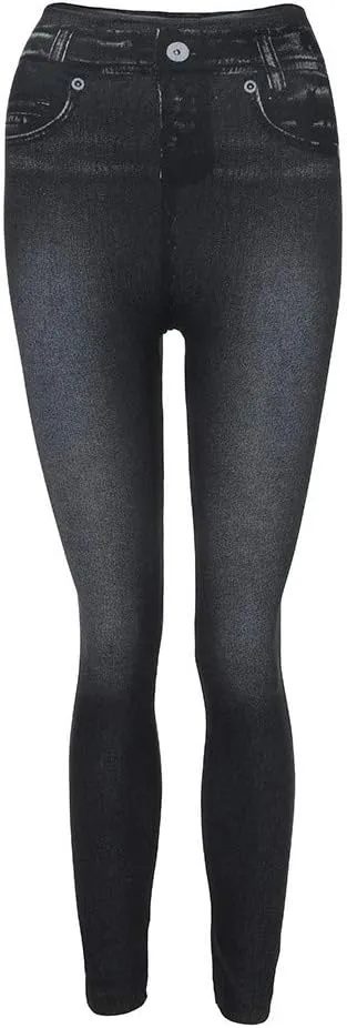 Women's Denim Print Leggings Seamless Stretchy Fake Jeans High Waist Tummy Control Jean Look Leggings Jeggings