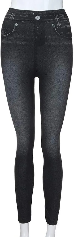 Women's Denim Print Leggings Seamless Stretchy Fake Jeans High Waist Tummy Control Jean Look Leggings Jeggings