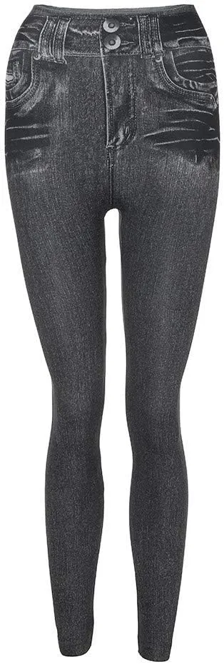 Women's Denim Print Leggings Seamless Stretchy Fake Jeans High Waist Tummy Control Jean Look Leggings Jeggings