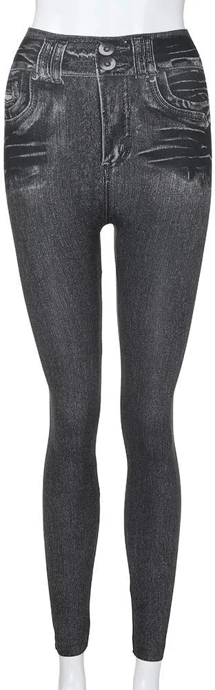 Women's Denim Print Leggings Seamless Stretchy Fake Jeans High Waist Tummy Control Jean Look Leggings Jeggings
