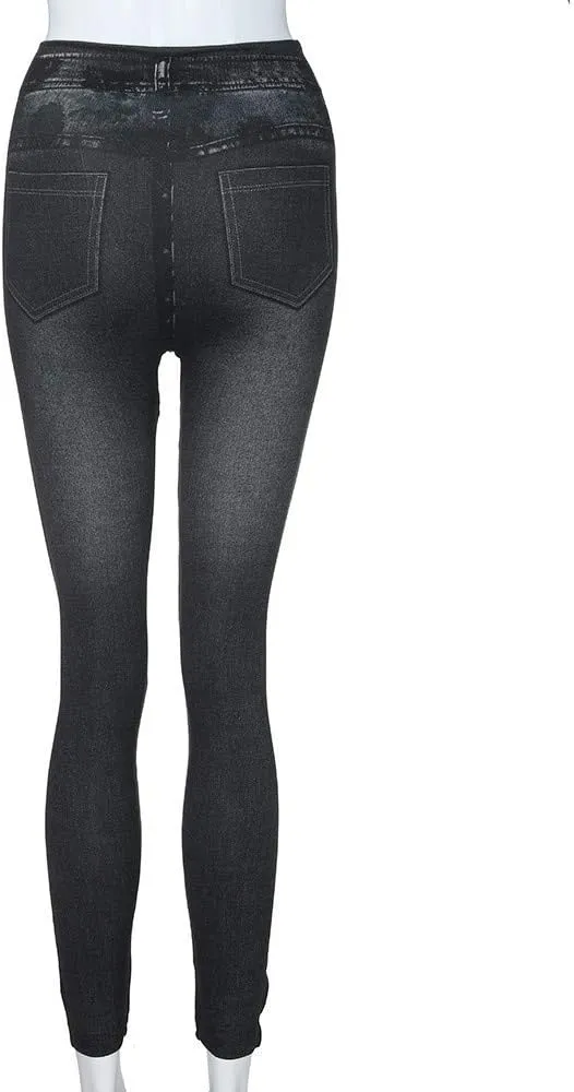 Women's Denim Print Leggings Seamless Stretchy Fake Jeans High Waist Tummy Control Jean Look Leggings Jeggings